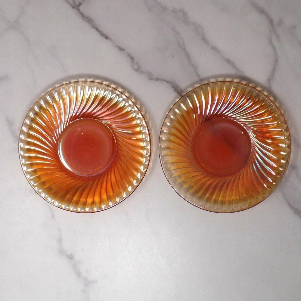 Vintage Irridescent Amber Carnival Glass Swirl Saucer, set of 2